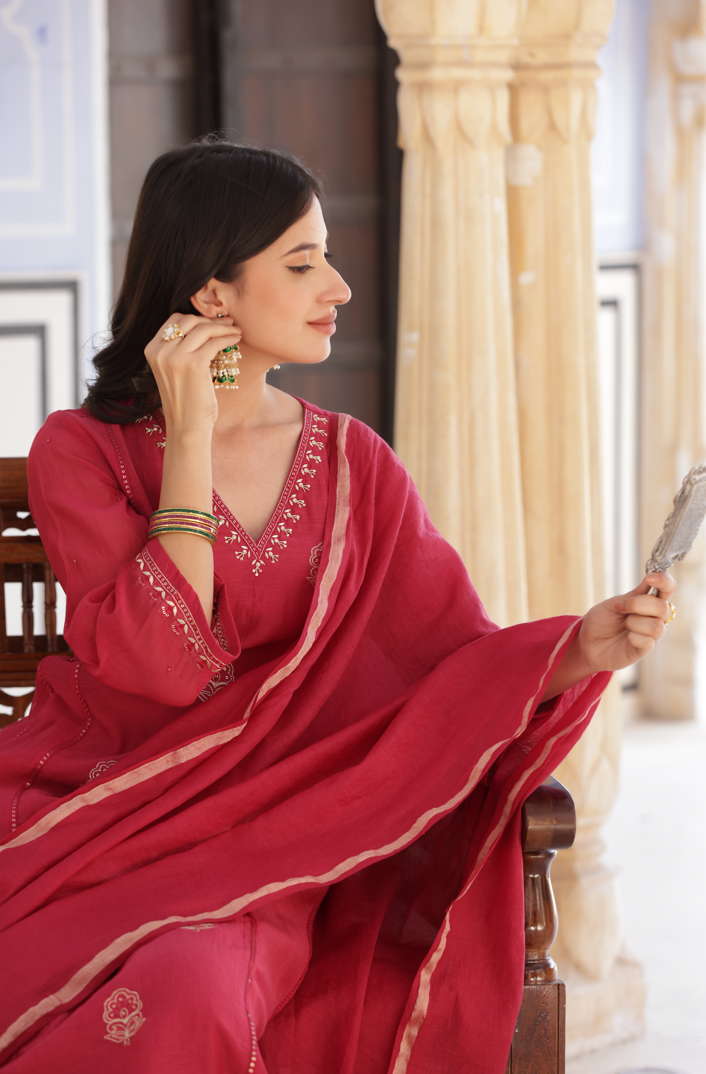 Rose Red Mul Chanderi Suit Set
