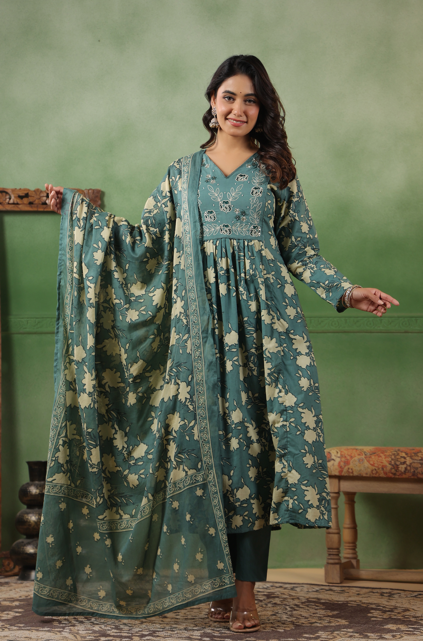 Teal Bloom Cotton Suit Set