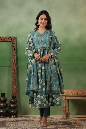 Teal Bloom Cotton Suit Set