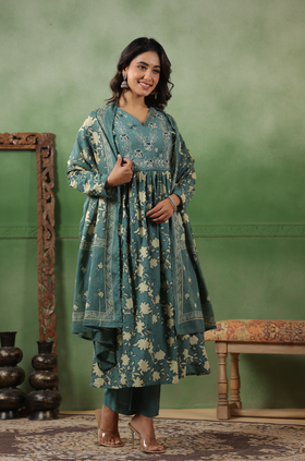 Teal Bloom Cotton Suit Set