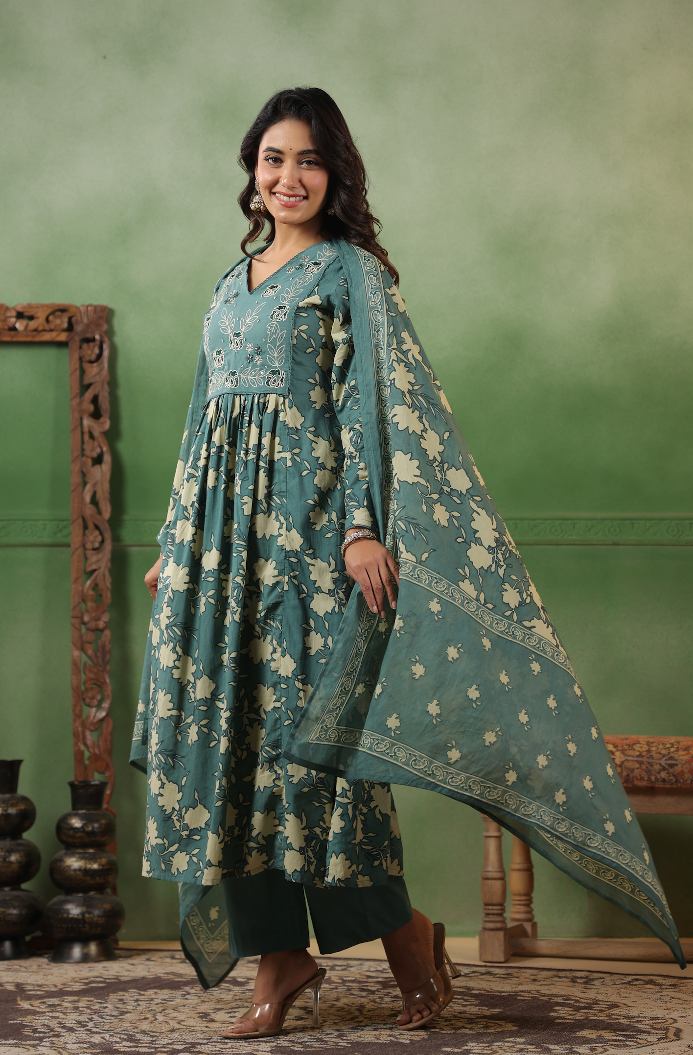 Teal Bloom Cotton Suit Set