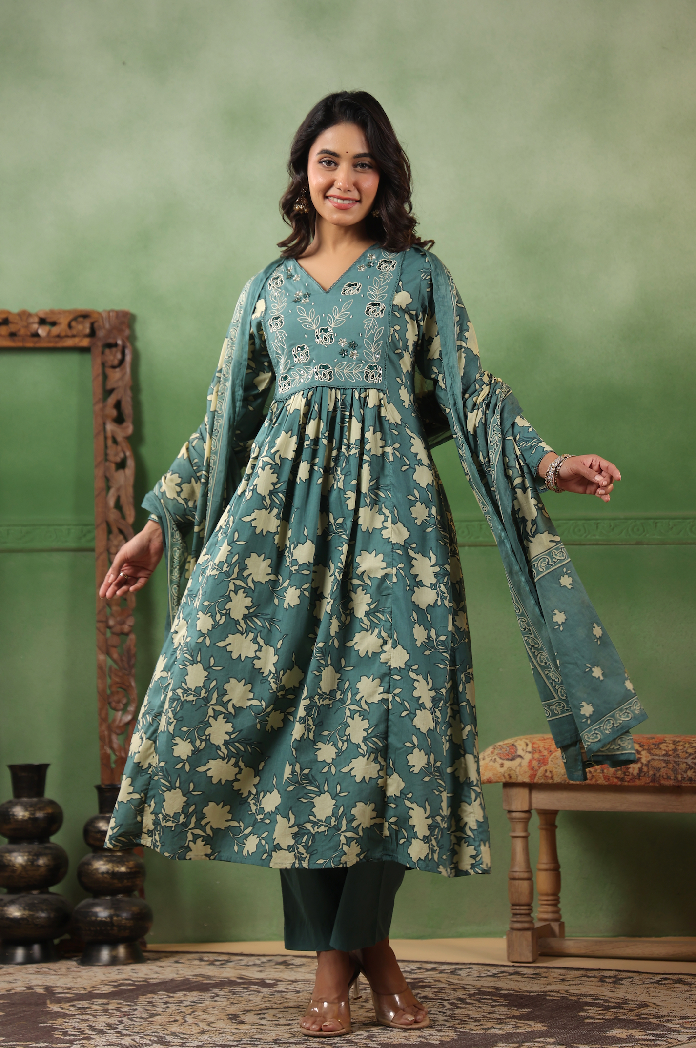 Teal Bloom Cotton Suit Set