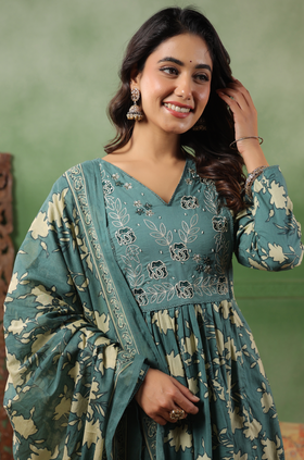 Teal Bloom Cotton Suit Set