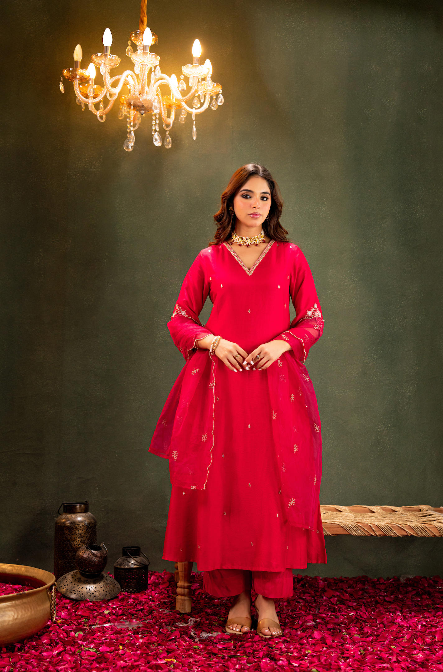 Crimson Radiance Silk Suit Set