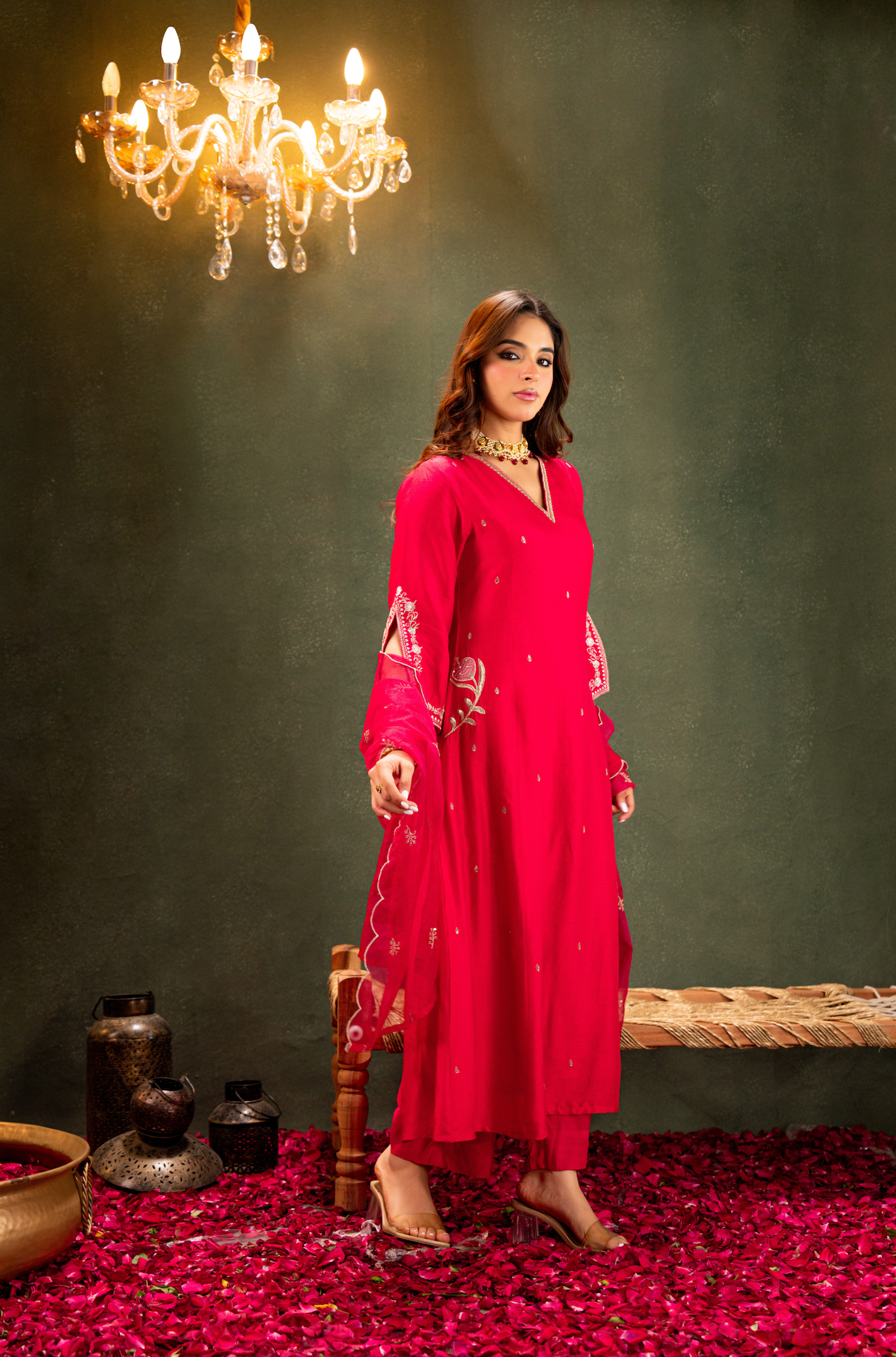 Crimson Radiance Silk Suit Set