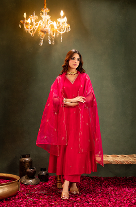 Crimson Radiance Silk Suit Set