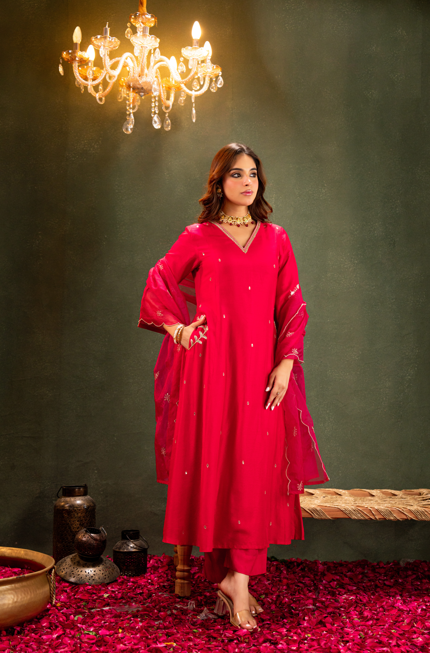 Crimson Radiance Silk Suit Set