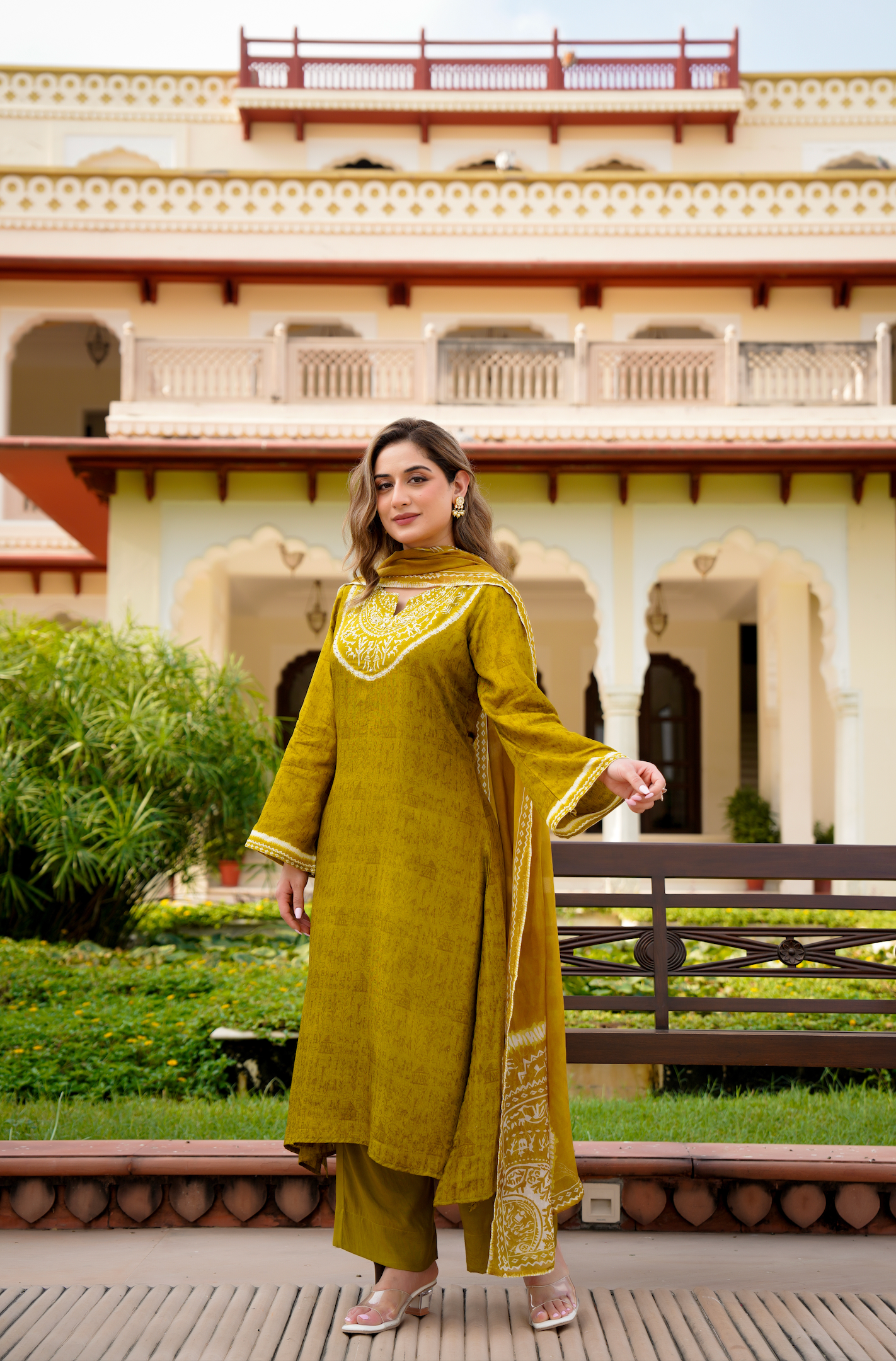 Olive Whisper Russian Silk Printed Suit Set