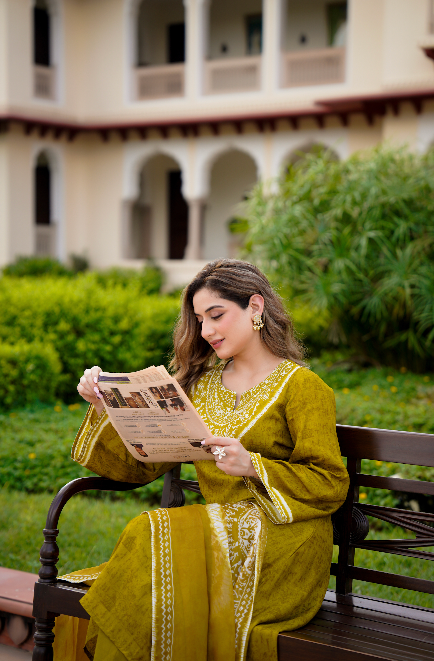 Olive Whisper Russian Silk Printed Suit Set