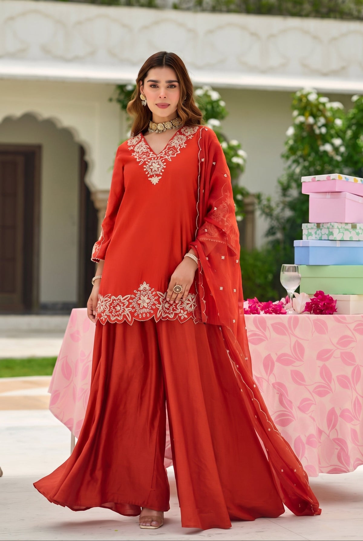 Rust Orange Embroidered Suit Set