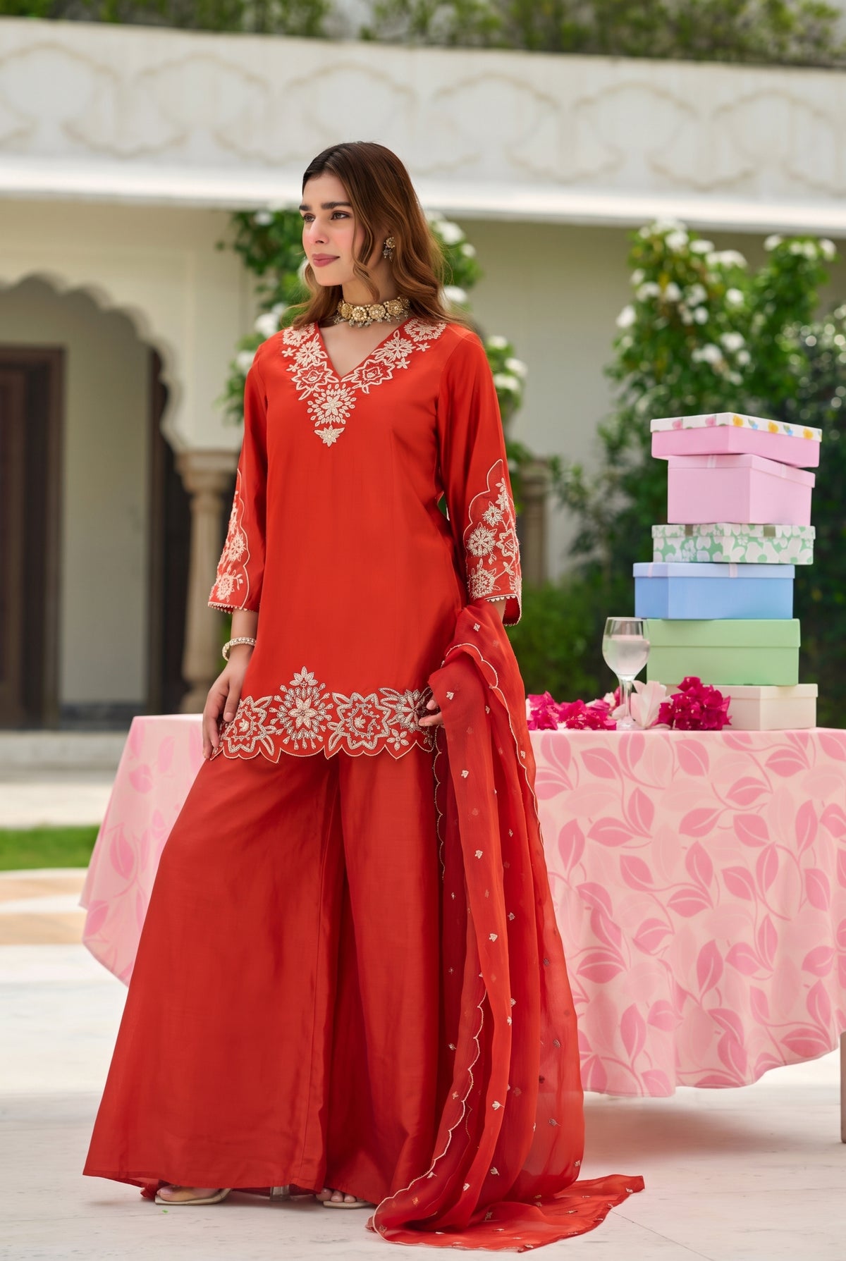 Rust Orange Embroidered Suit Set