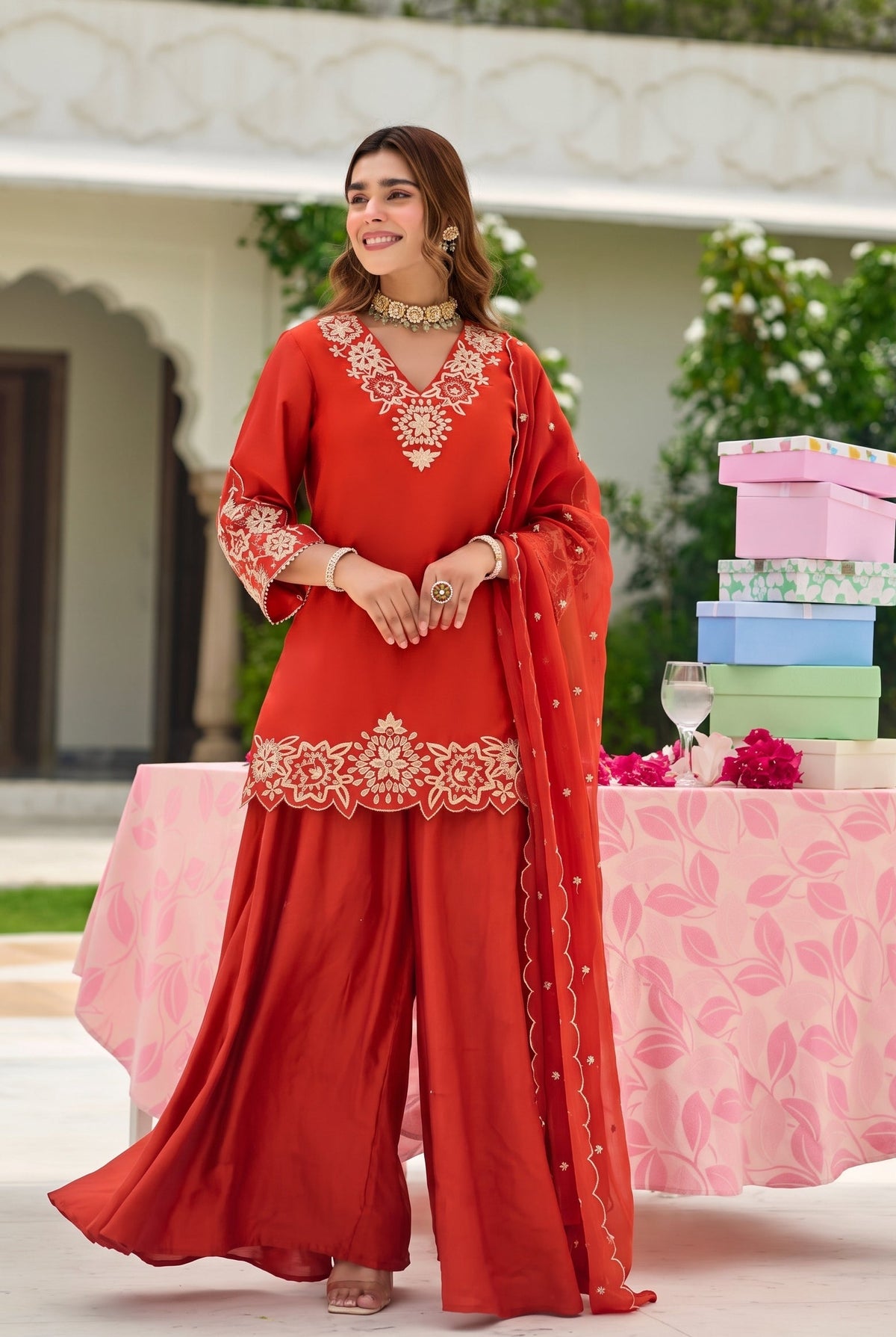 Rust Orange Embroidered Suit Set