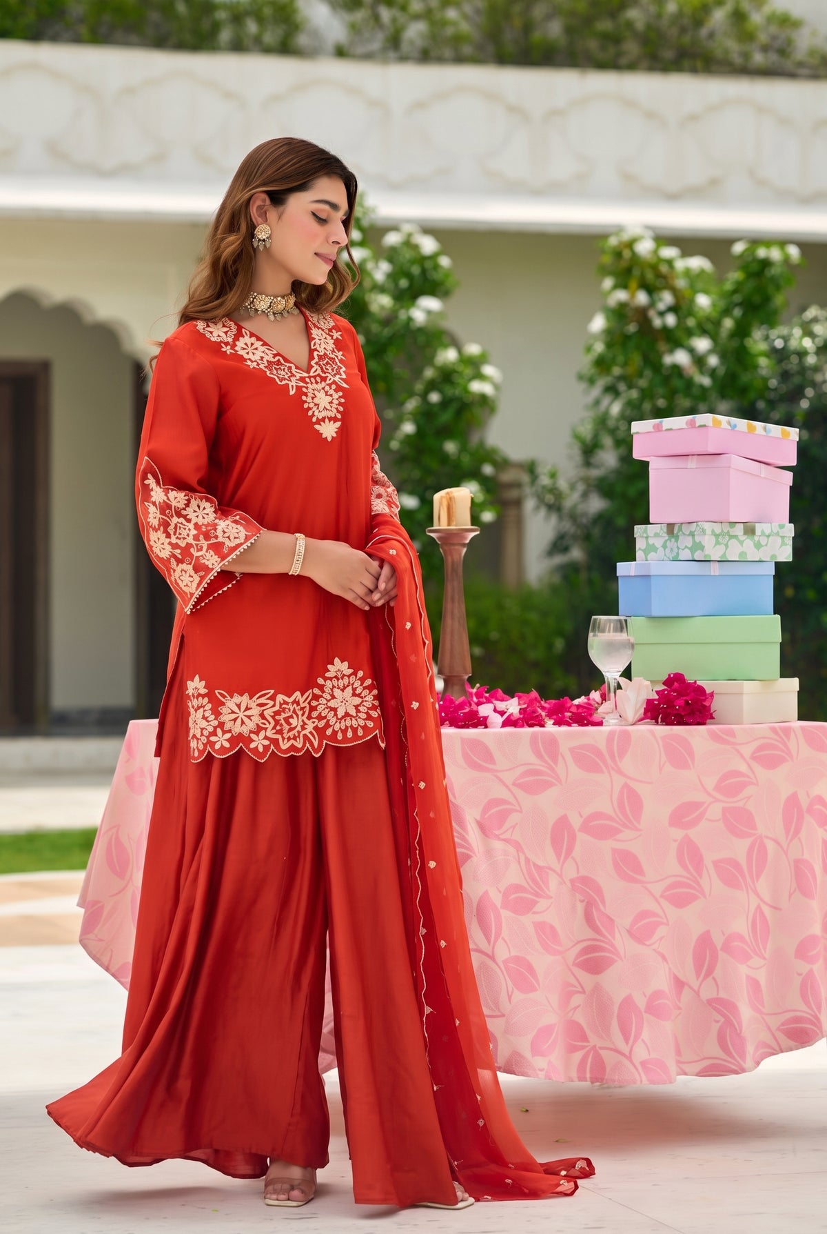 Rust Orange Embroidered Suit Set