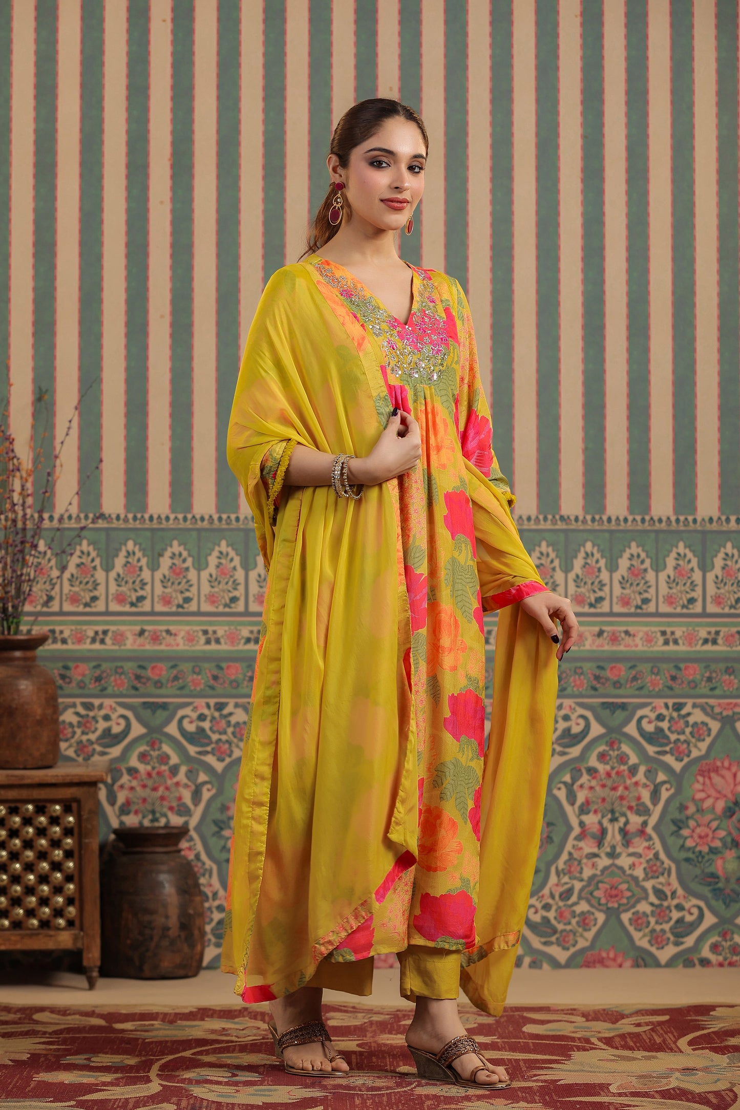 Yellow Floral Muslin Kurta Set