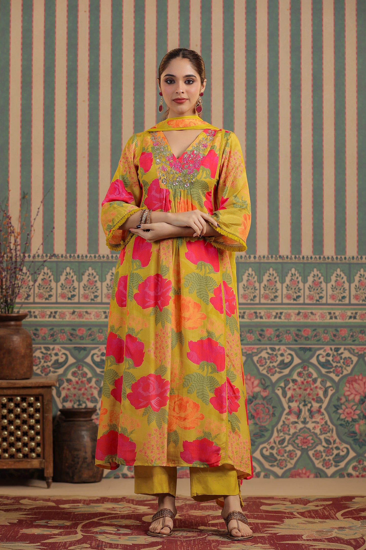 Yellow Floral Muslin Kurta Set