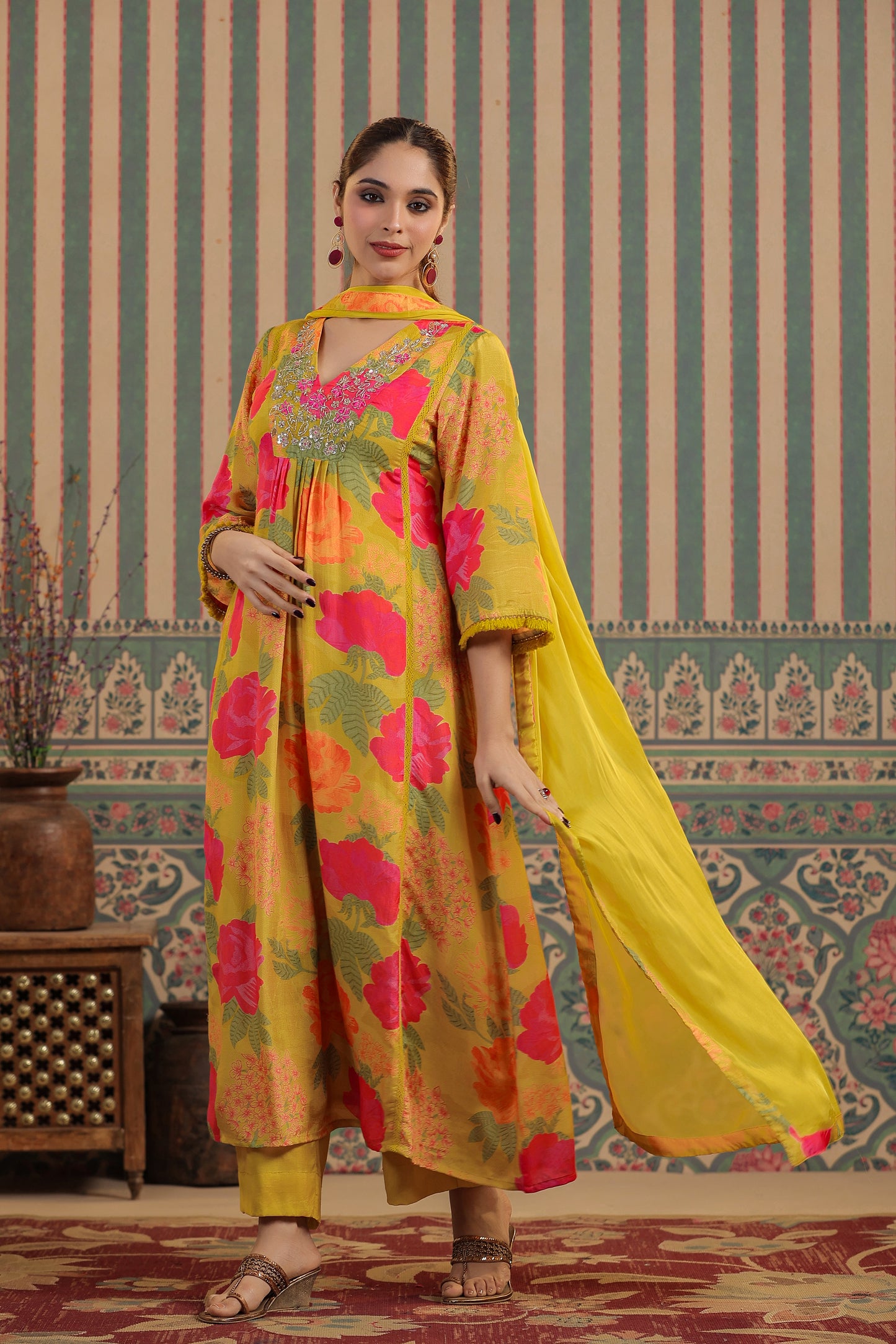 Yellow Floral Muslin Kurta Set