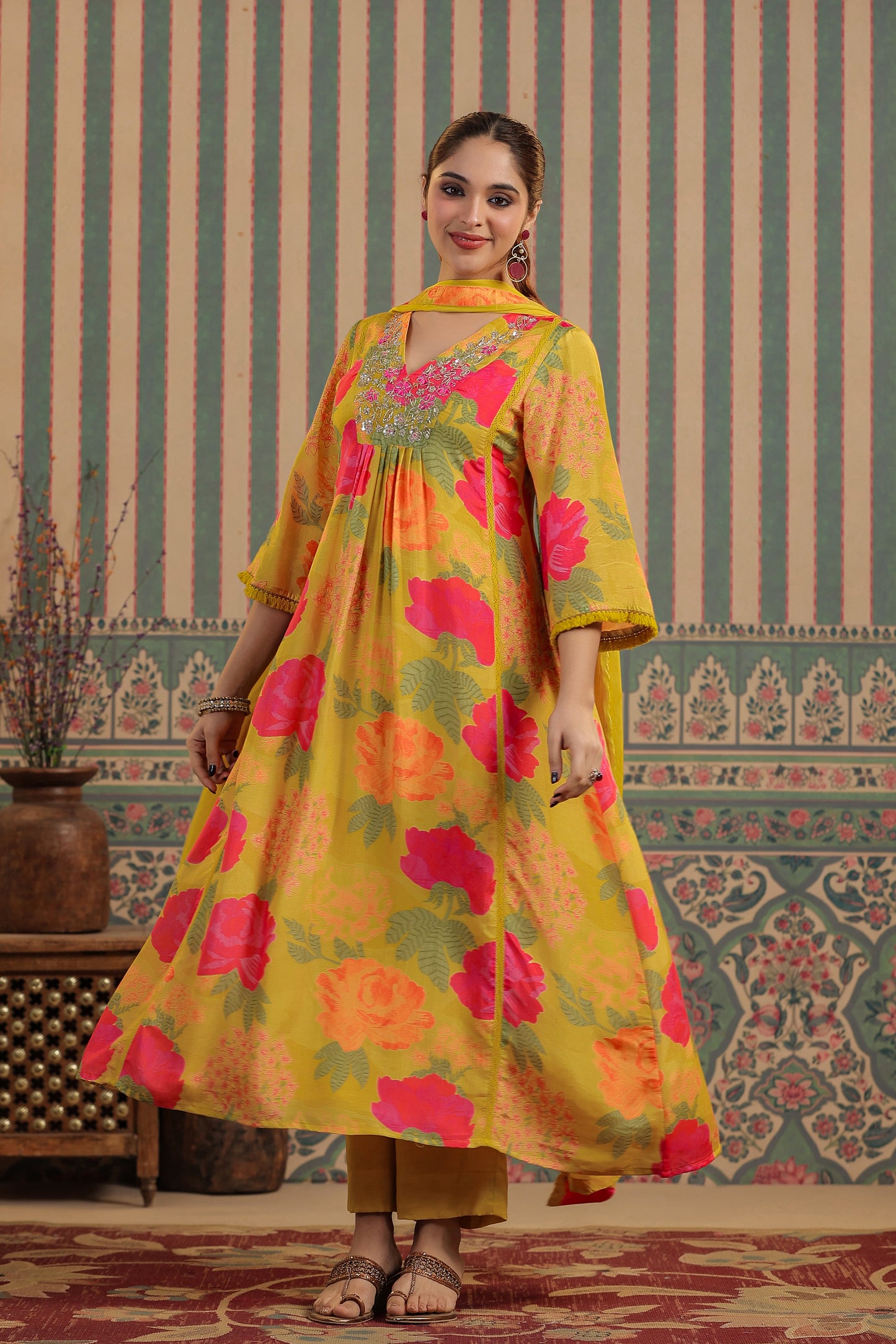 Yellow Floral Muslin Kurta Set