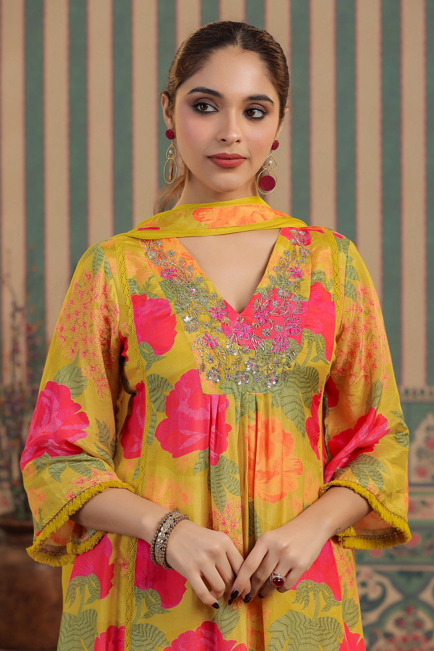 Yellow Floral Muslin Kurta Set