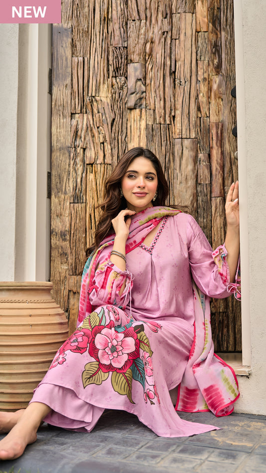 Rosé Bloom Muslin A-Line Suit Set