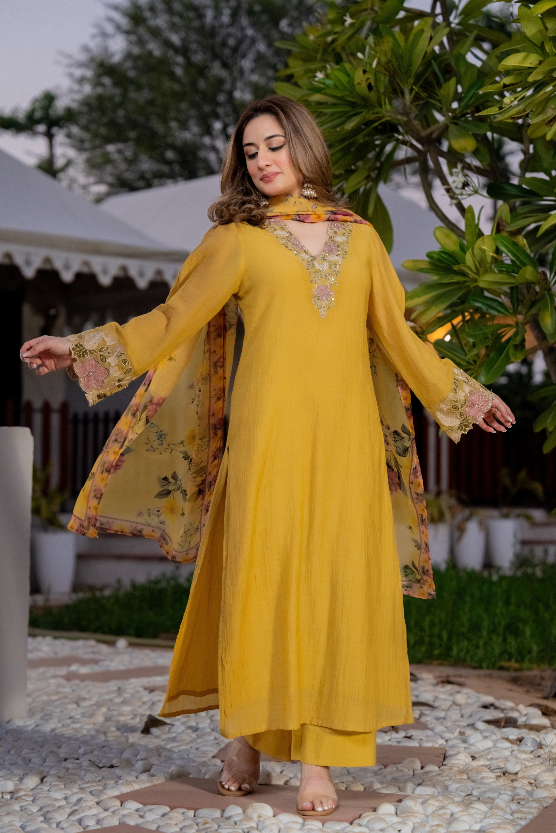 Mustard Yellow Crush Embroidered Suit Set