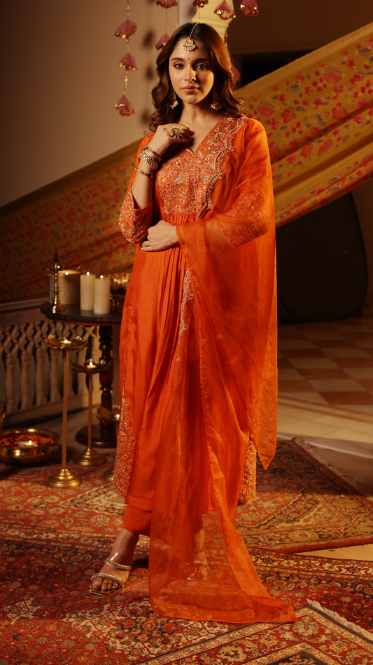 Fire Orange Silk Suit Set