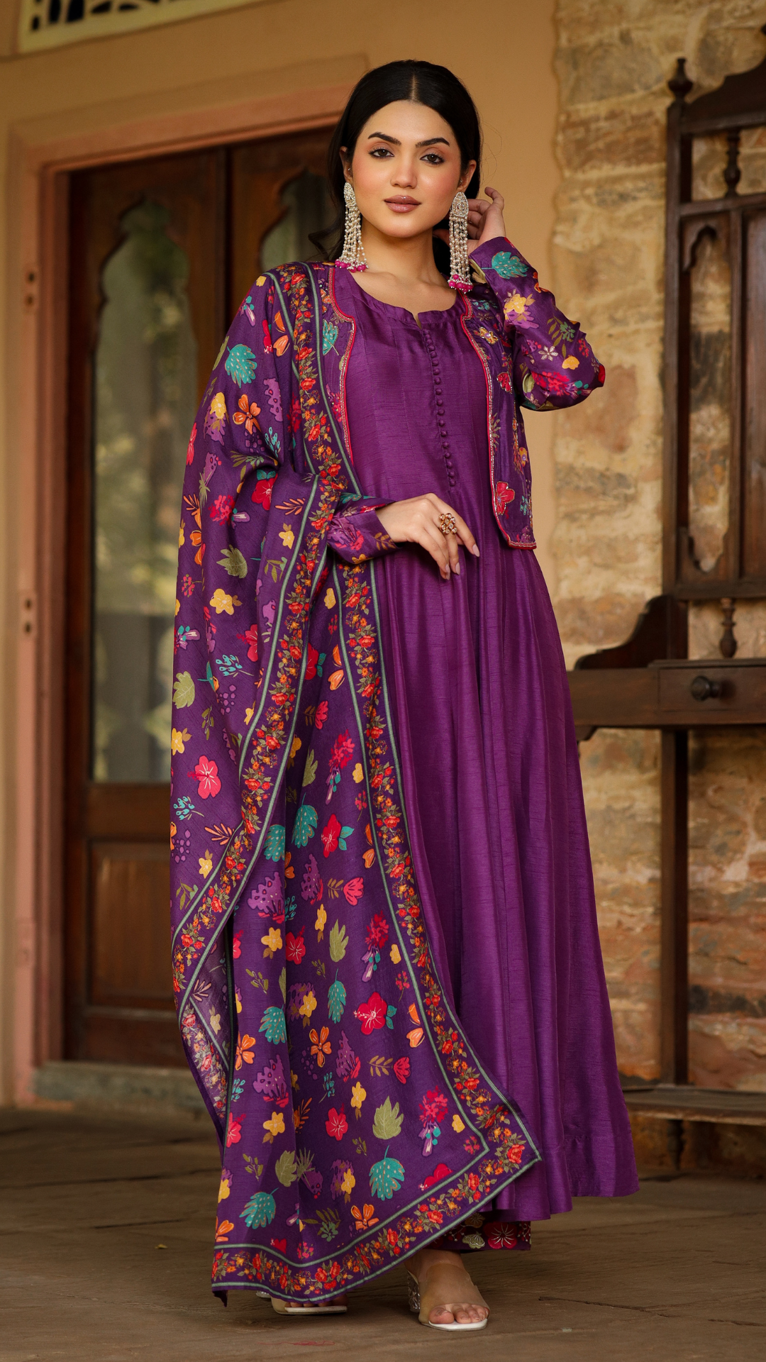 Purple Dola Silk & Printed Jacket Set