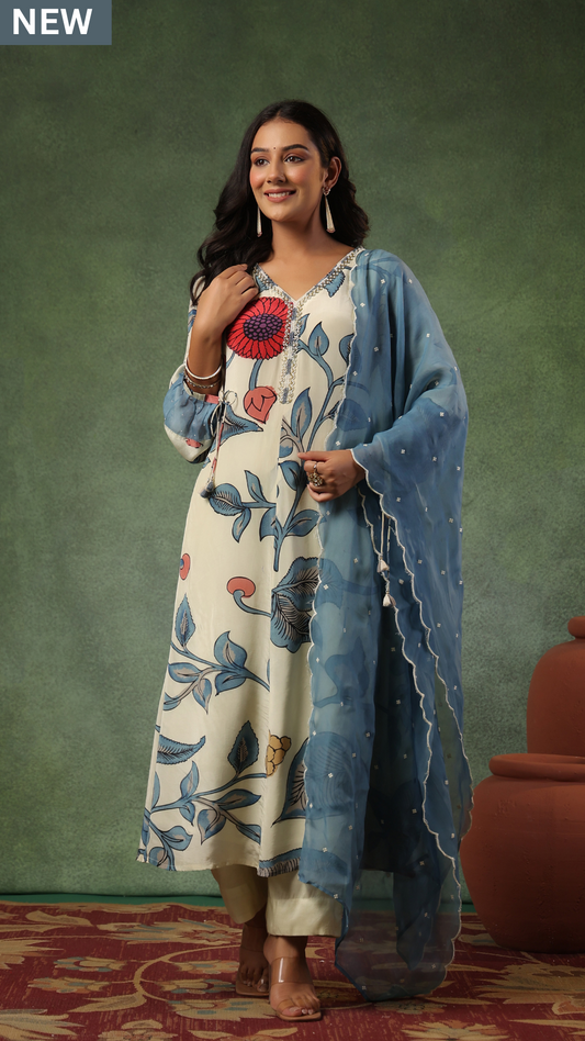 Cream Shades Of Blue Suit Set