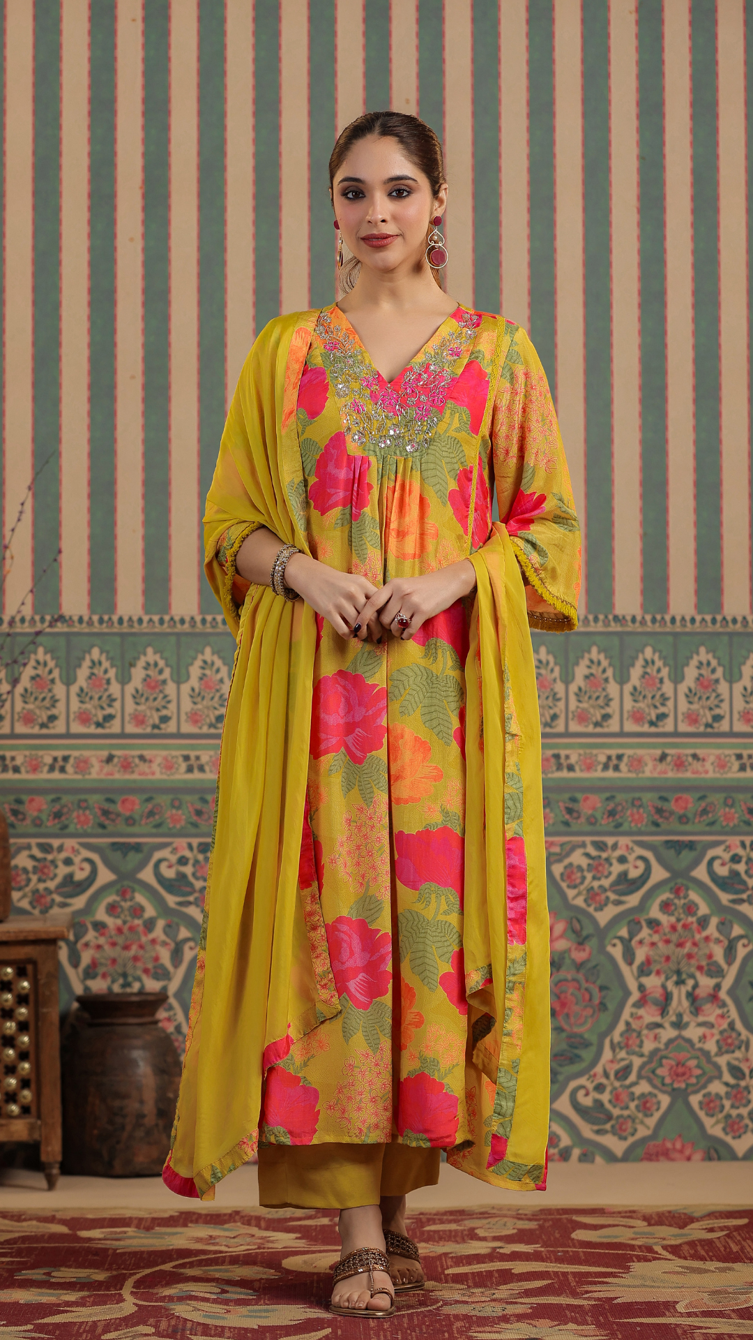 Yellow Floral Muslin Kurta Set