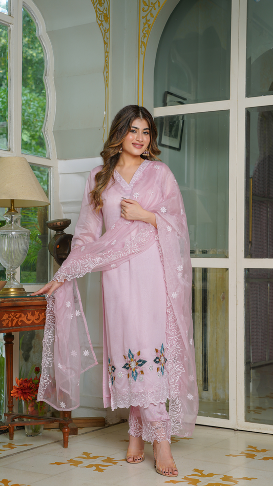 Rose Pink Chanderi Suit Set