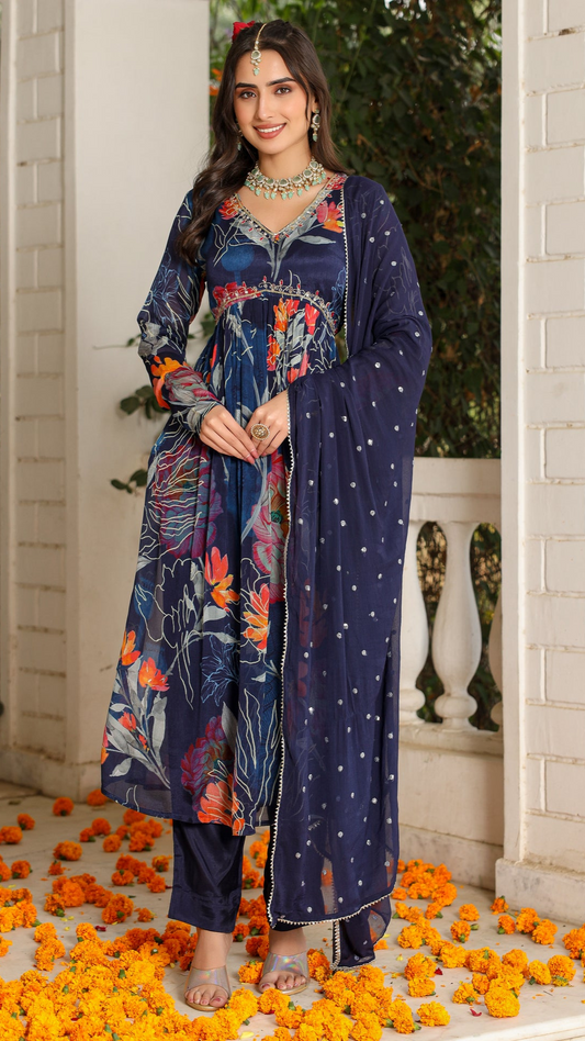 Blue Printed Floral Suit Set