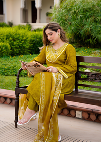 Olive Whisper Russian Silk Printed Suit Set