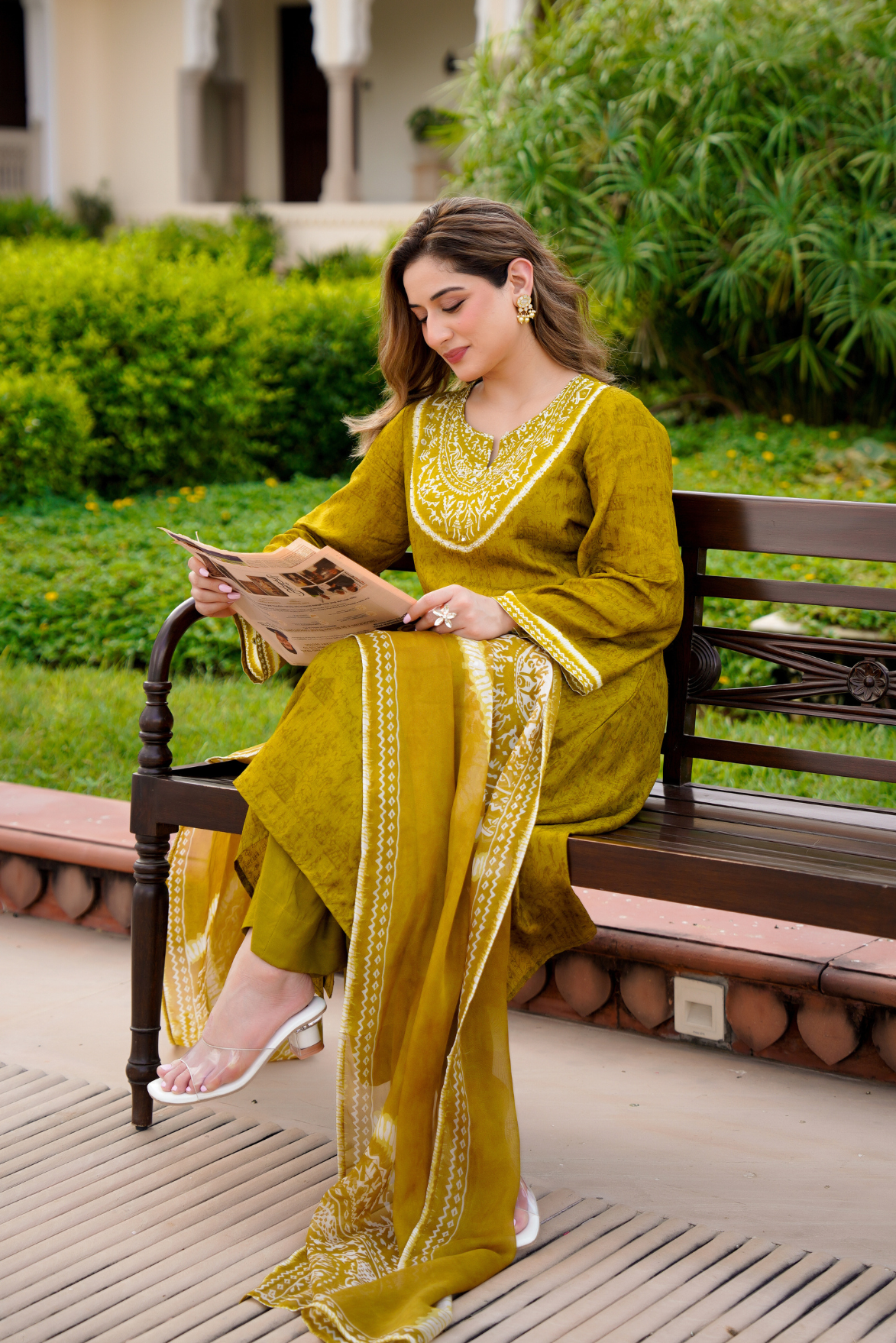Olive Whisper Russian Silk Printed Suit Set