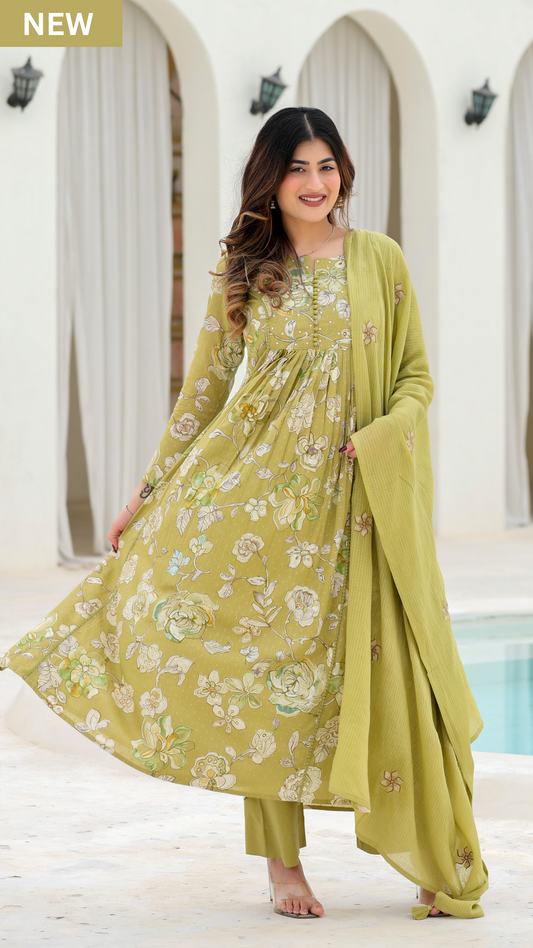 Olive Bloom Cotton Suit Set