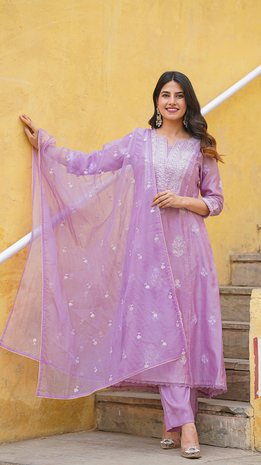 Helio purple Chanderi Suit Set