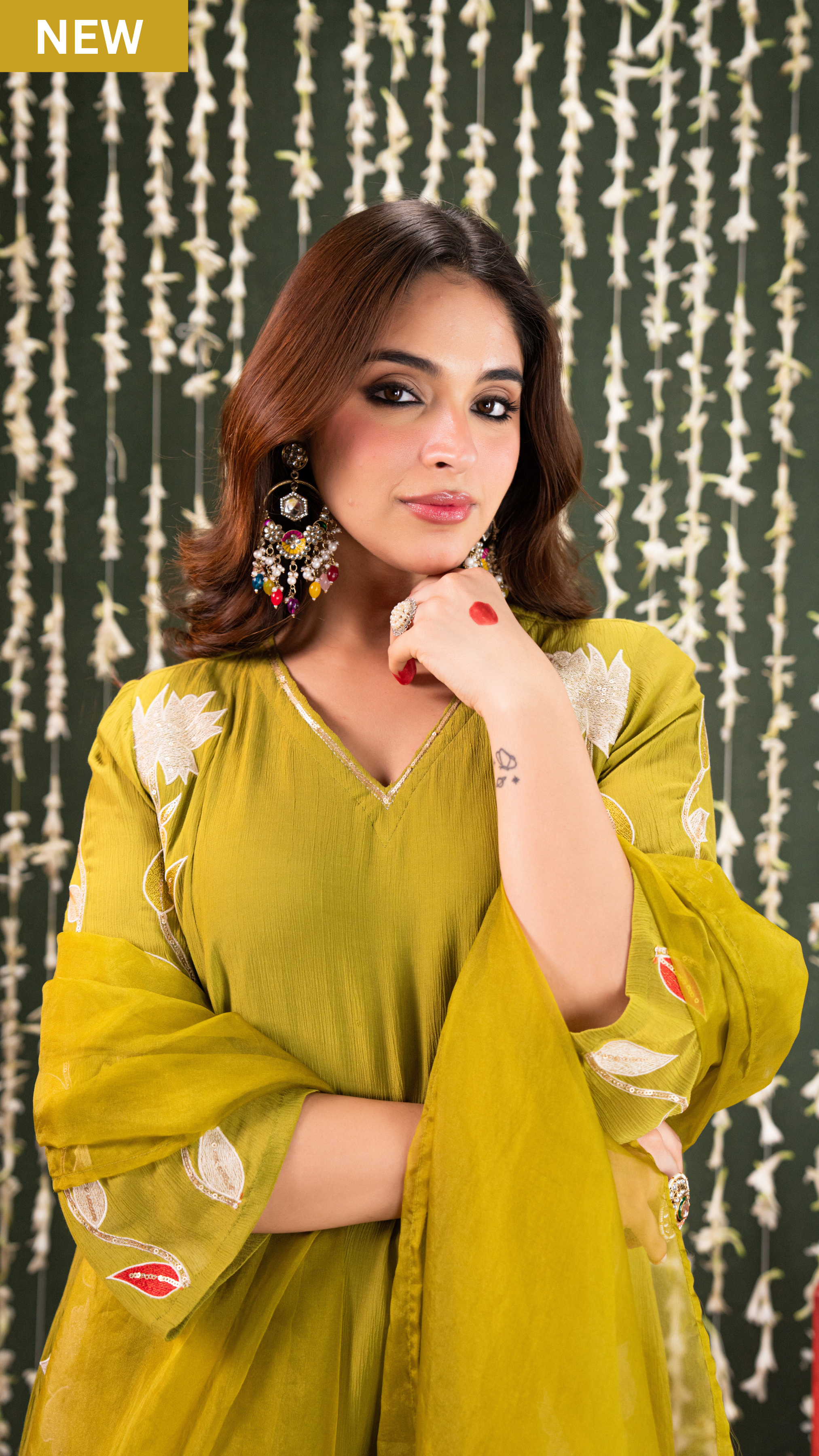 Olive Aura Crush Chanderi Suit Set