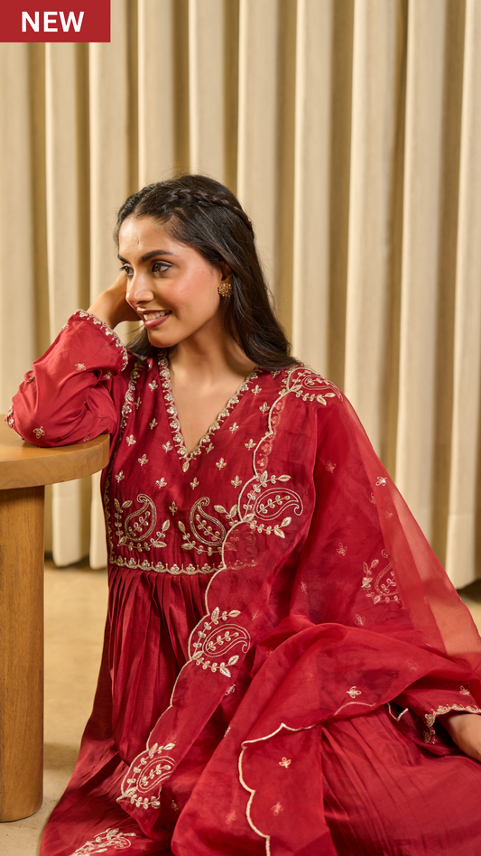 Crimson Bloom Embroidered Suit Set
