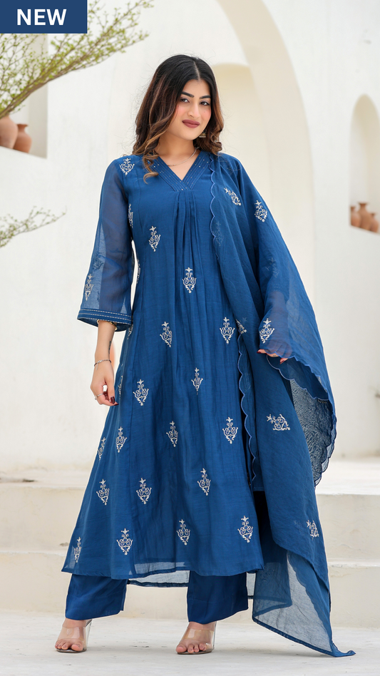 Indigo Bloom Ensemble Chanderi Suit Set