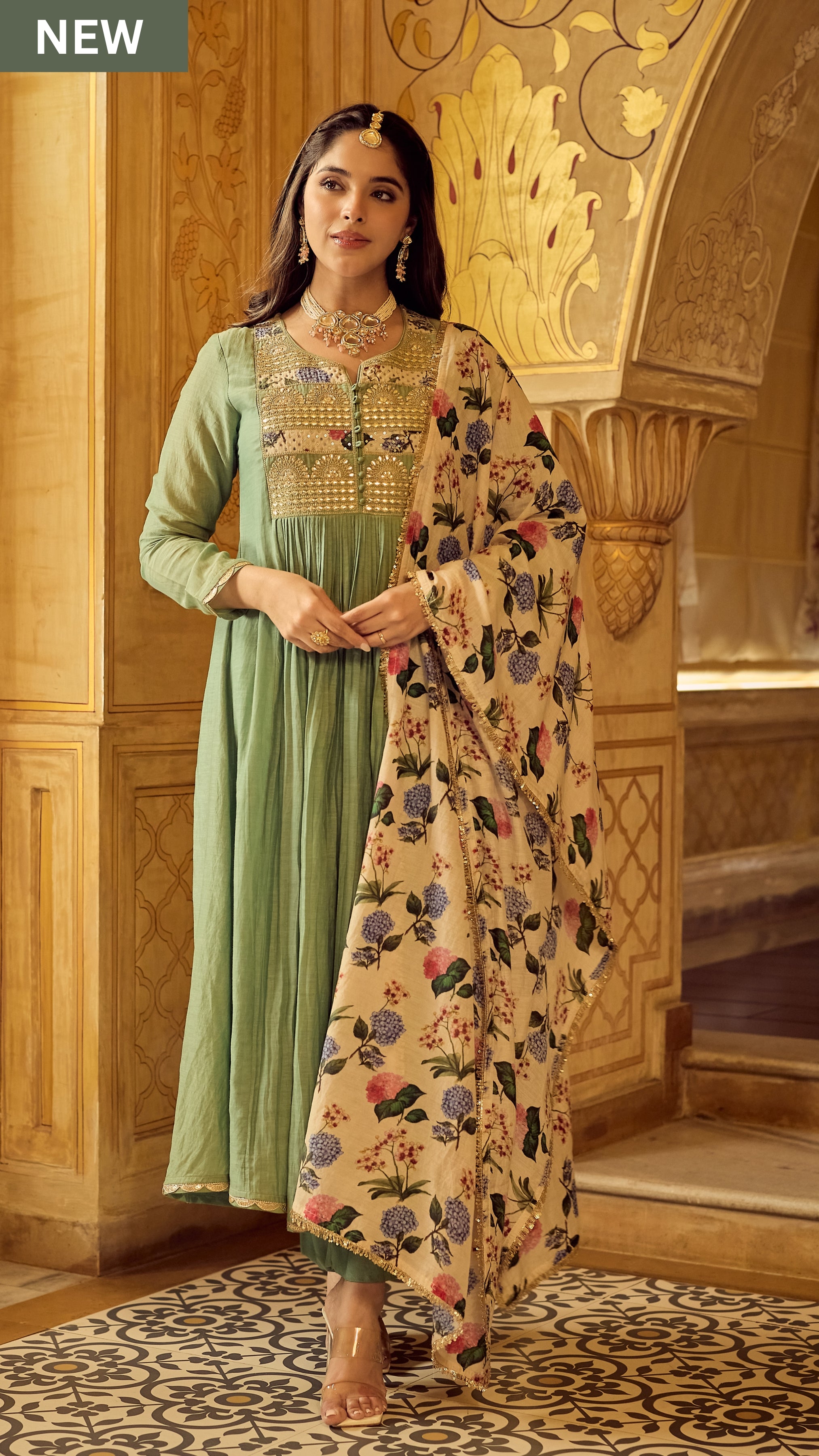 Pastel Green Chanderi Embroidered Suit Set