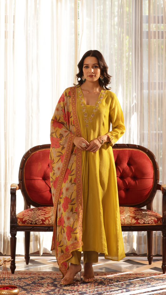 Mustard Crushed Shimmer Suit Set