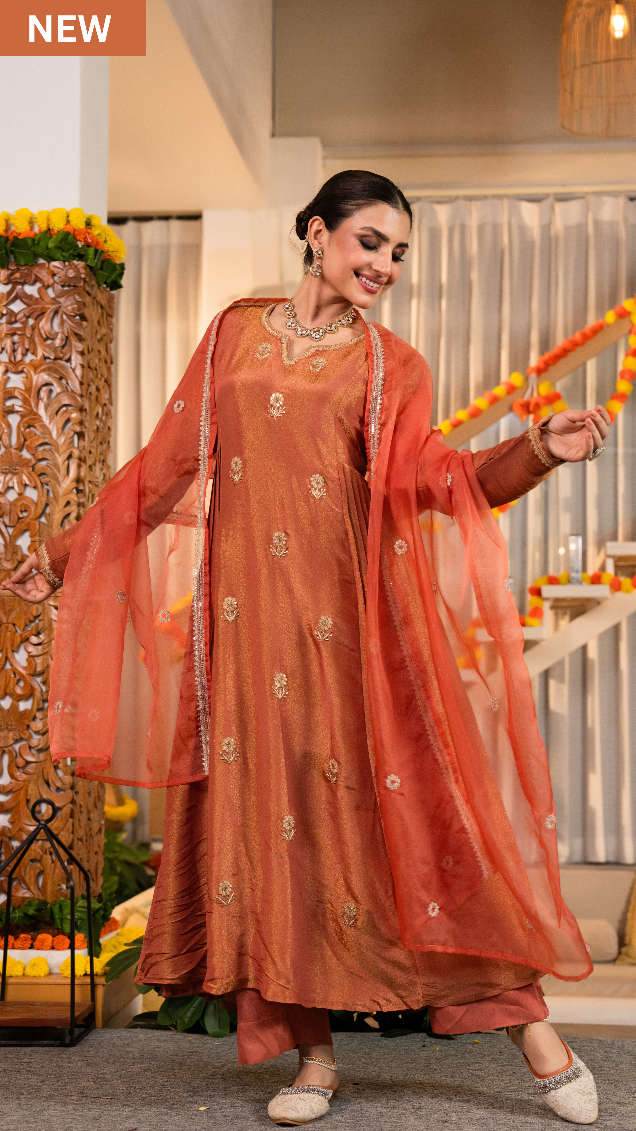 Warm Coral-Peach Nazakat Tissue Suit Set