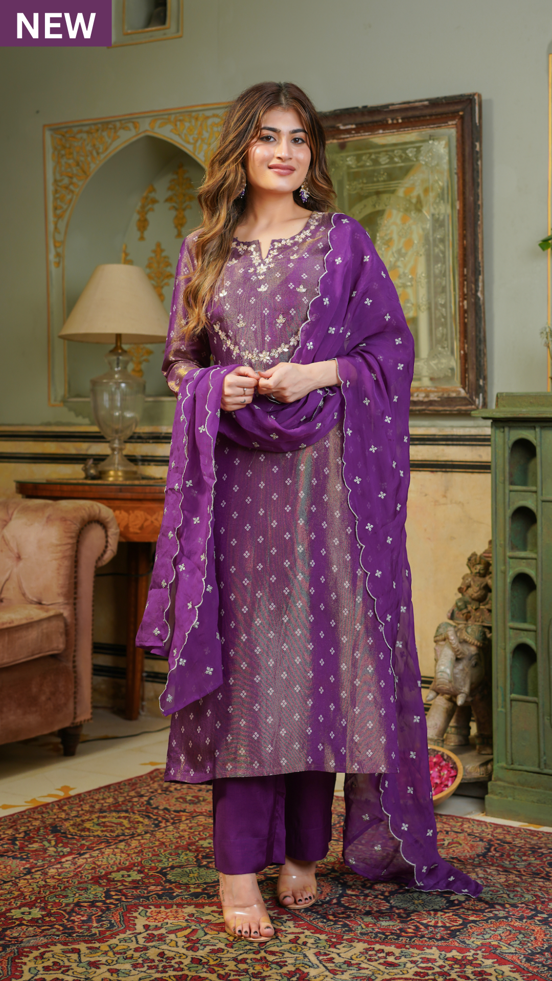 Plum Shimmer Bandhej Suit Set