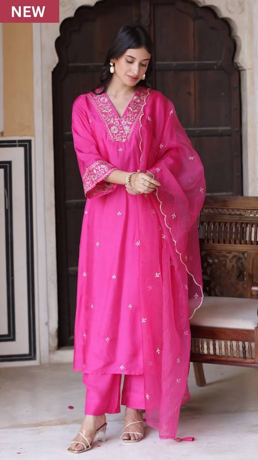 Bright Hot Pink Silk Suit Set