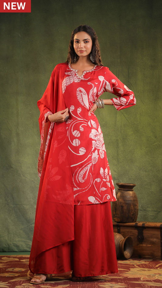 Scarlet Red Chinnon kurti Set