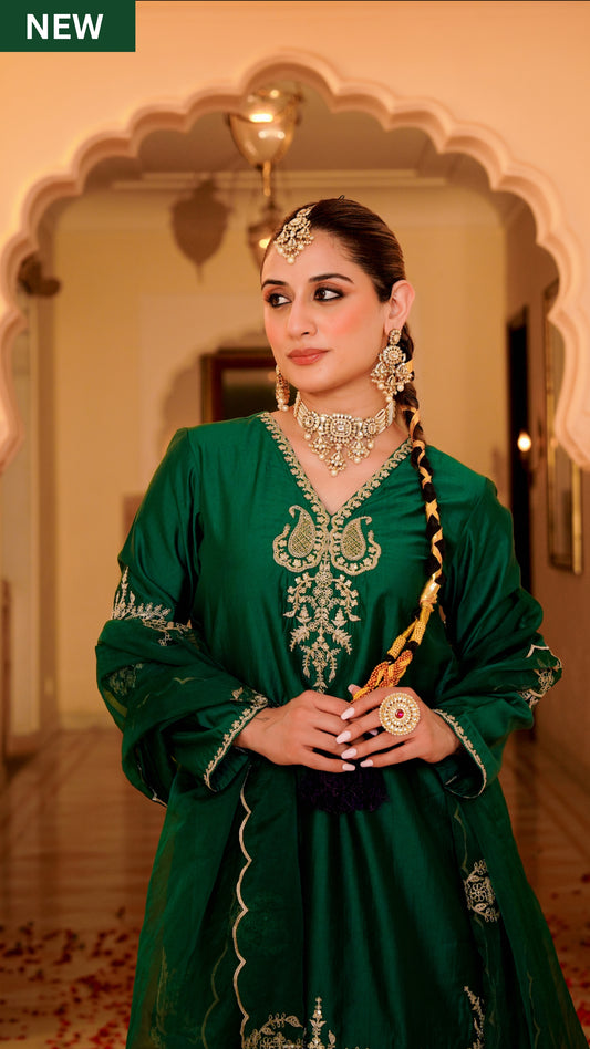Emerald Green Satoori Silk Garara Suit Set