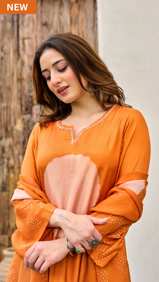 Rust Orange Printed Muslin Suit Set