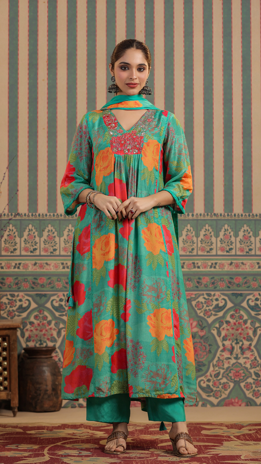 Green Floral Muslin Kurta Set