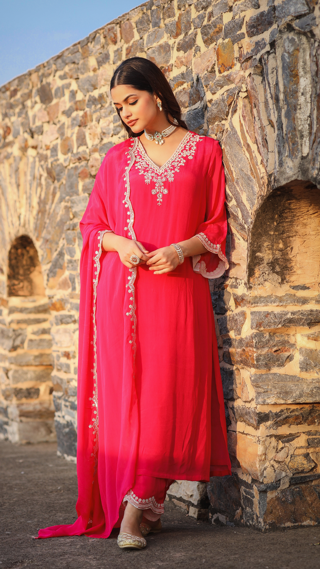 Pink Chinnon Kurta Set