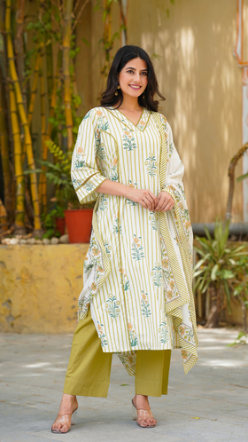 Yellow Striped Straight Kurta Set