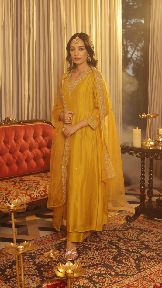 Luxury Mustard Silk Suit Set