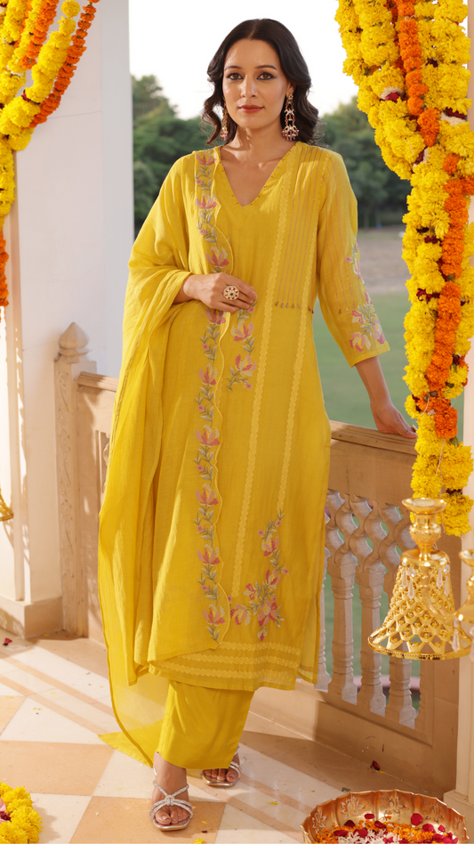 Yellow Mul Chanderi Suit Set